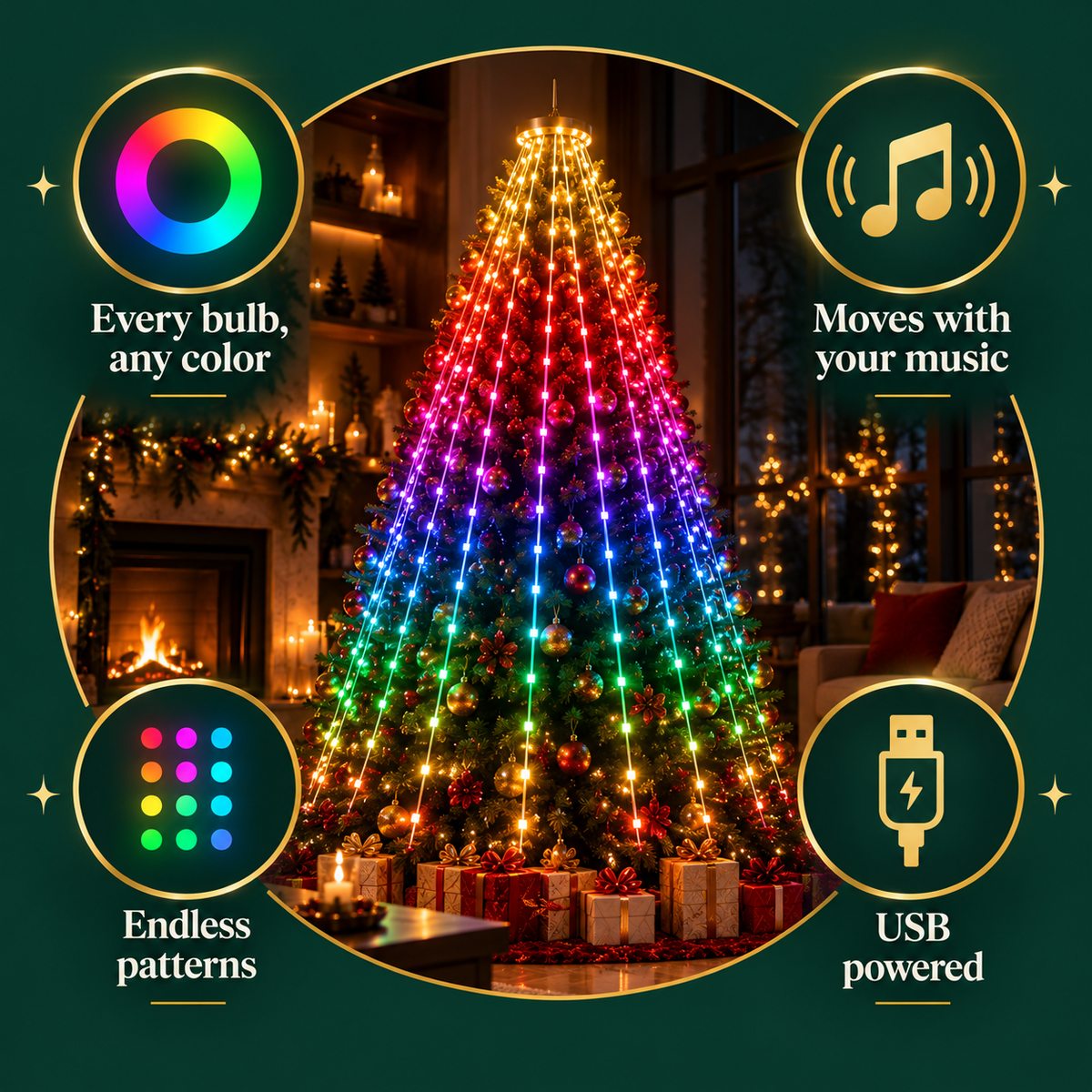 PixelTree benefits: every bulb any color, music sync, endless patterns, USB powered