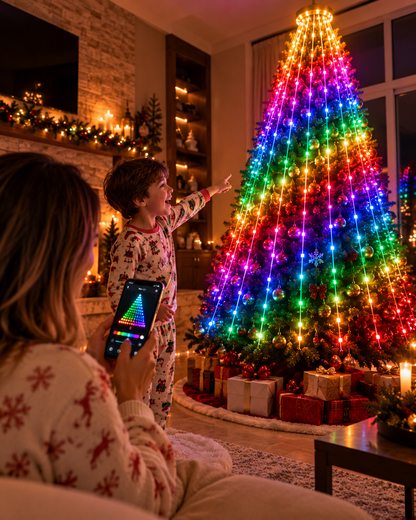 Kid pointing at the PixelTree while mom uses the app