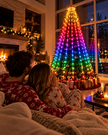 Couple watching their PixelTree glowing at night