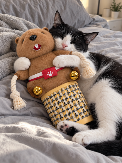 Gato dormido abrazado al Castor Luchador